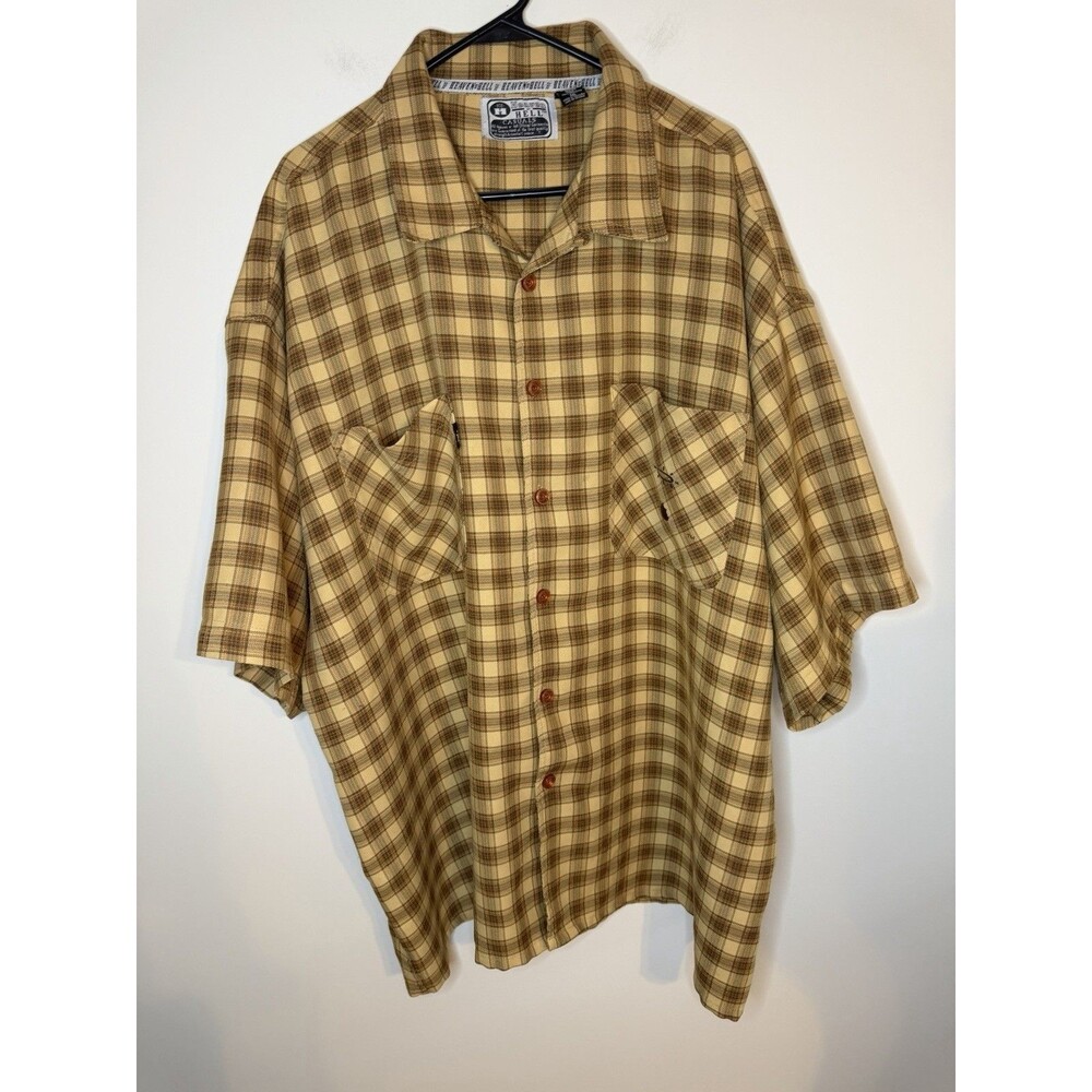 Heaven Or Hell Shirt Men's 3XL Brown Yellow Plaid Short Sleeve Button Up Vtg